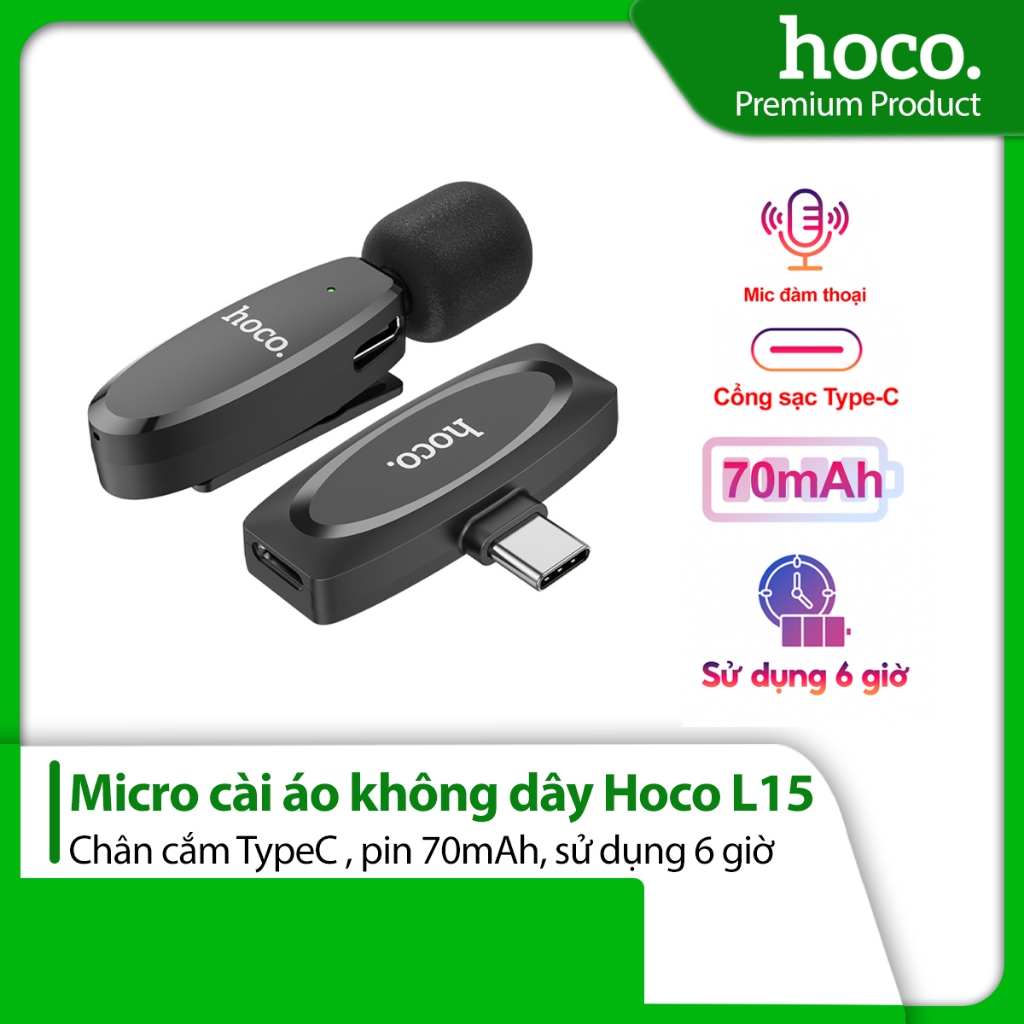 Micro thu âm thông minh cài áo Hoco L15 chân cắm Type C , nhỏ gọn , pin 70mAh, dùng đến 6 giờ