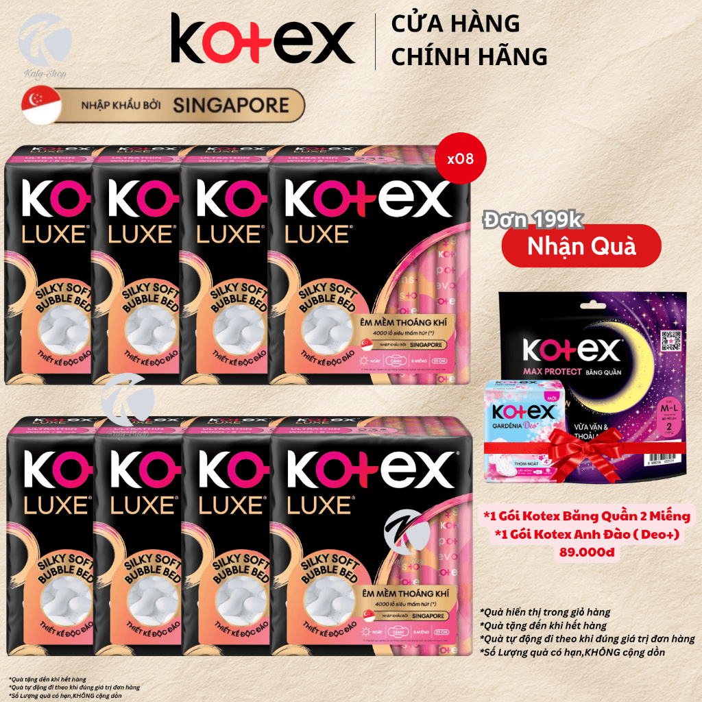 Băng vệ sinh Kotex Luxe ban ngày mỏng nhẹ – Êm mềm cao cấp | Combo 8 gói