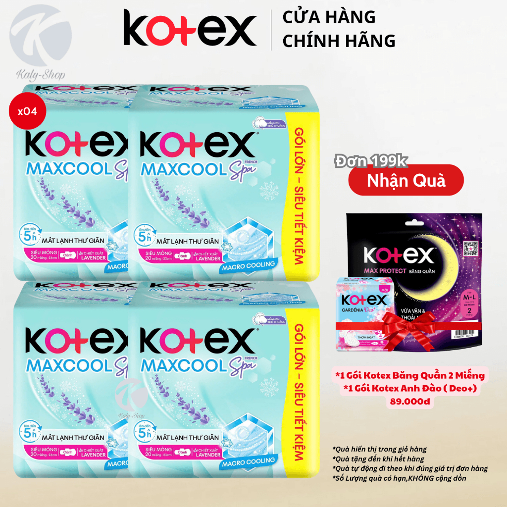Combo 4 Gói Băng Vệ Sinh Kotex Max Cool Spa Siêu Mỏng Cánh 20 Miếng