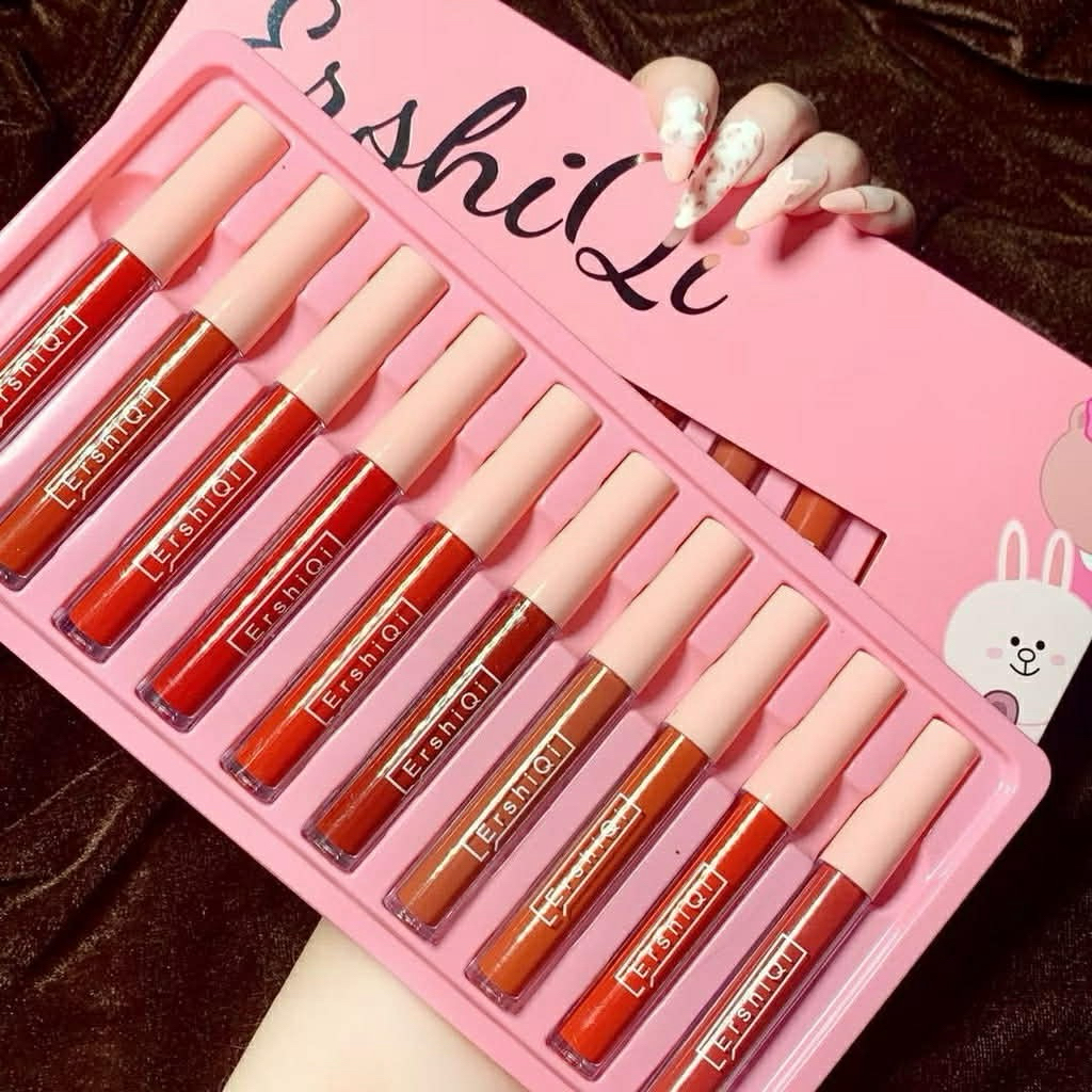 Son kem ErshiQi Velvet set son 10 cây lên màu tươi bóng mịn mà, Son môi dưỡng chống khô tạo cảm giác