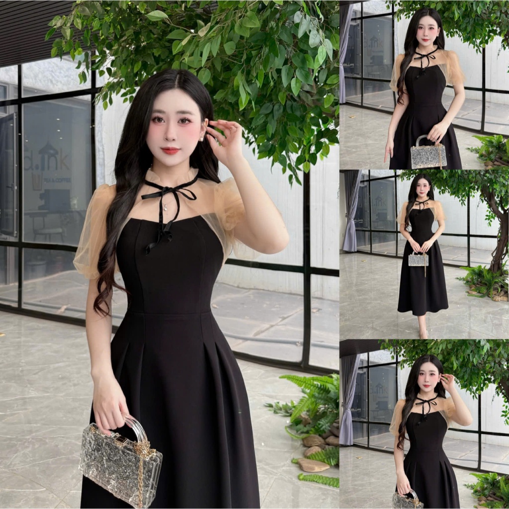 TY27 - Váy Thiết Kế Evii dành cho nữ, Đầm thiết kế cổ bèo phối lưới, dây nơ liền dáng A xoè dài