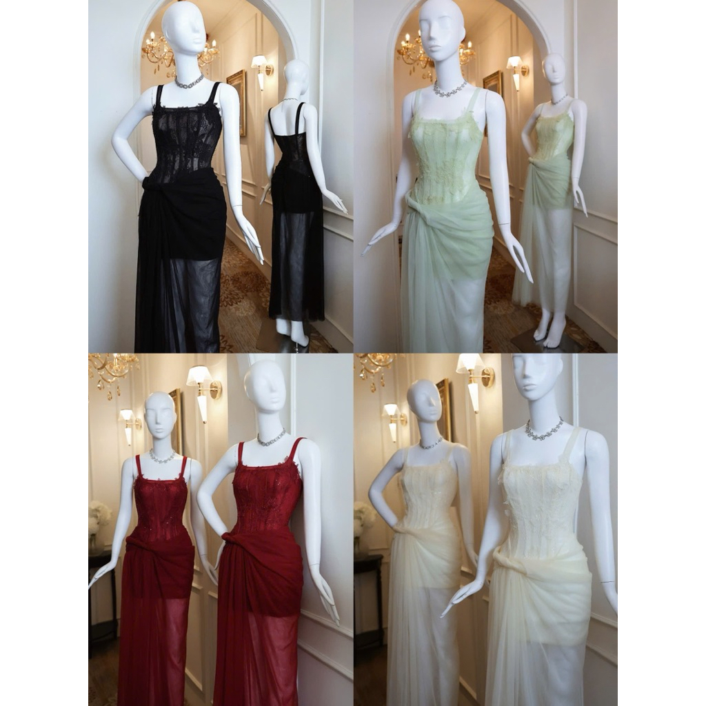 Đầm Dạ Hội Dài Ren Đắp Hoa Phối Lưới Xoắn Eo 𝐃𝟐𝐓 𝐒𝐓𝐎𝐑𝐄