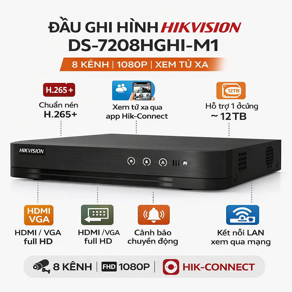 ĐẦU GHI HÌNH HIKVISION DS-7208HGHI-M1 – 8 KÊNH | 1080P | XEM TỪ XA QUA ĐIỆN THOẠI