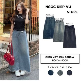 Chân Váy Denim Lưng Cao Phong Cách Retro Dáng Dài 90cm Tua Gấu #7379/80 - NgocDiepVuSTORE