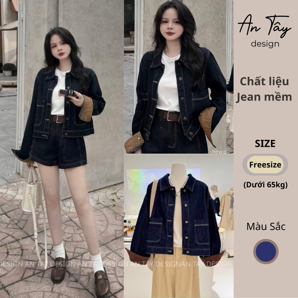 AN TÂY | Áo khoác Jean Phom Hàn (vải Đẹp) thiết kế cổ và tay pha nâu dáng lỡ  | AN TÂY STORE 68 | J8
