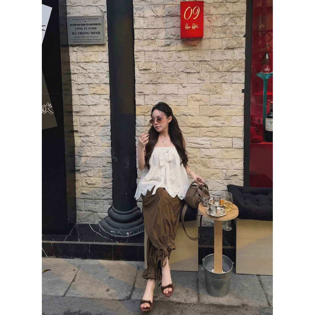 Set Bộ Áo 2s Thô Boy Mix Quần Suông Dài Kaki, Set Đồ Nữ Hè Áo 2s Nơ Ngắn Mix Quần Nâu