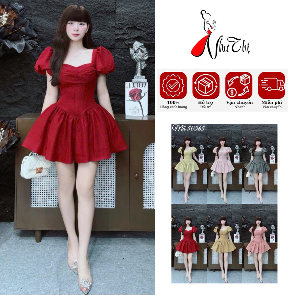 C143 Váy ngắn tay con xếp cúp ngực