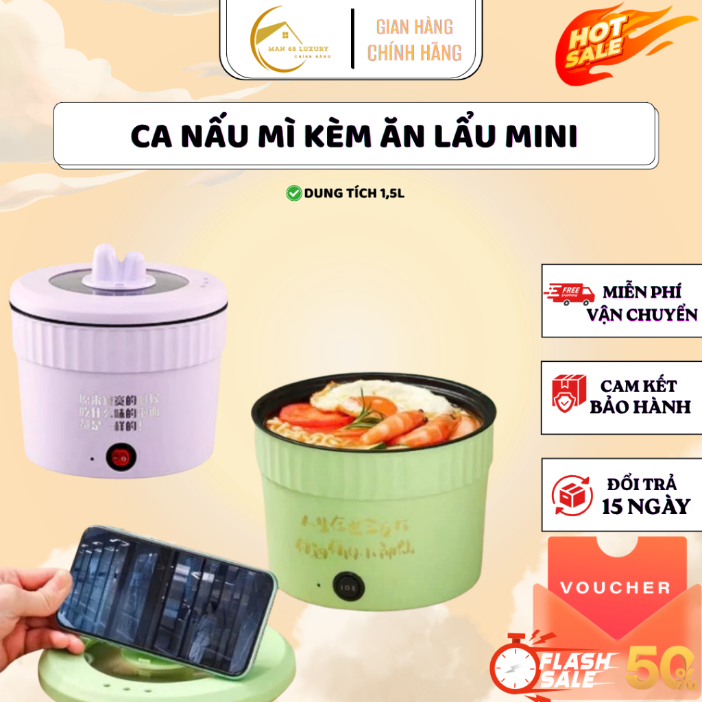 Ca Nấu Mì Ăn Liền Dung Tích 1.5L Công Suất 500W Phủ Chống Dính Đáy Nồi Lẩu Một Người Dành Cho Học si