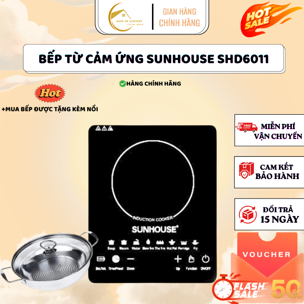 Bếp Từ SUNHOUSE Thế hệ mới SHD6011 Bảo Hành 12 Tháng, Bếp Từ Đơn Công suất 2200W Điều khiển cảm ứng,