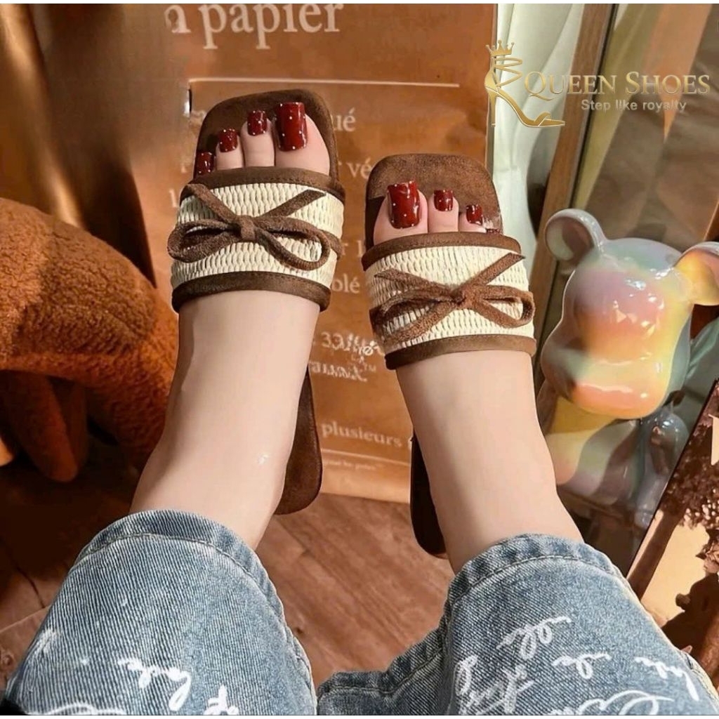 Queen shoes - (Hàng Mới) Dép Lê Nữ Mũi Vuông, Quai Cói Viền Nơ Xinh Xắn.