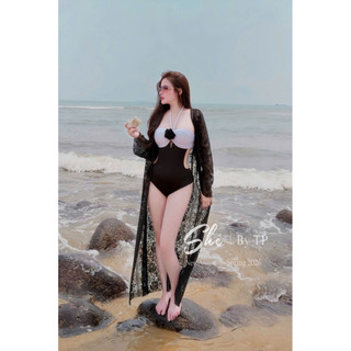 Bikini 1 Mảnh Phối Màu Nơ Lưng Đính Hoa