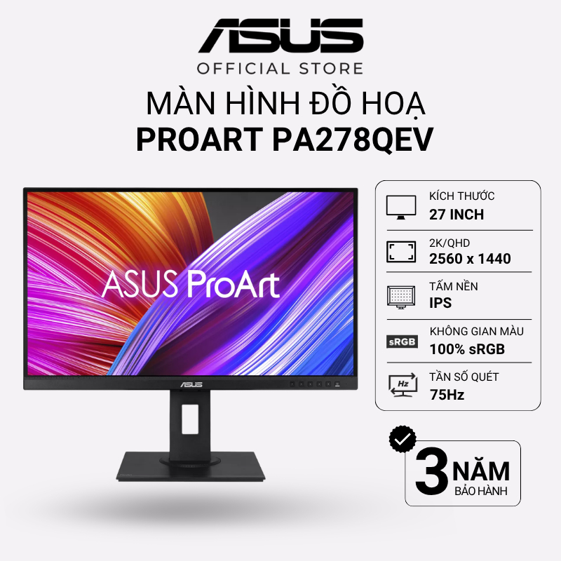 Màn hình ASUS ProArt PA278QEV 27" | 2K WQHD IPS | 75Hz 5ms | 16:9 100% sRGB, 100% Rec. 709 ΔE< 2