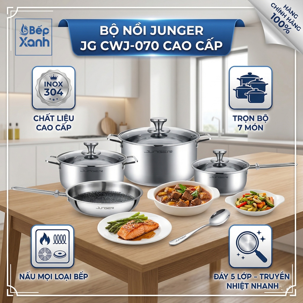 Junger CWJ-070 | Bộ 7 món Nồi Chảo Inox 304 Junger CWJ-070 Cao Cấp - Sáng Bóng, Không Cháy Khét, Nấu
