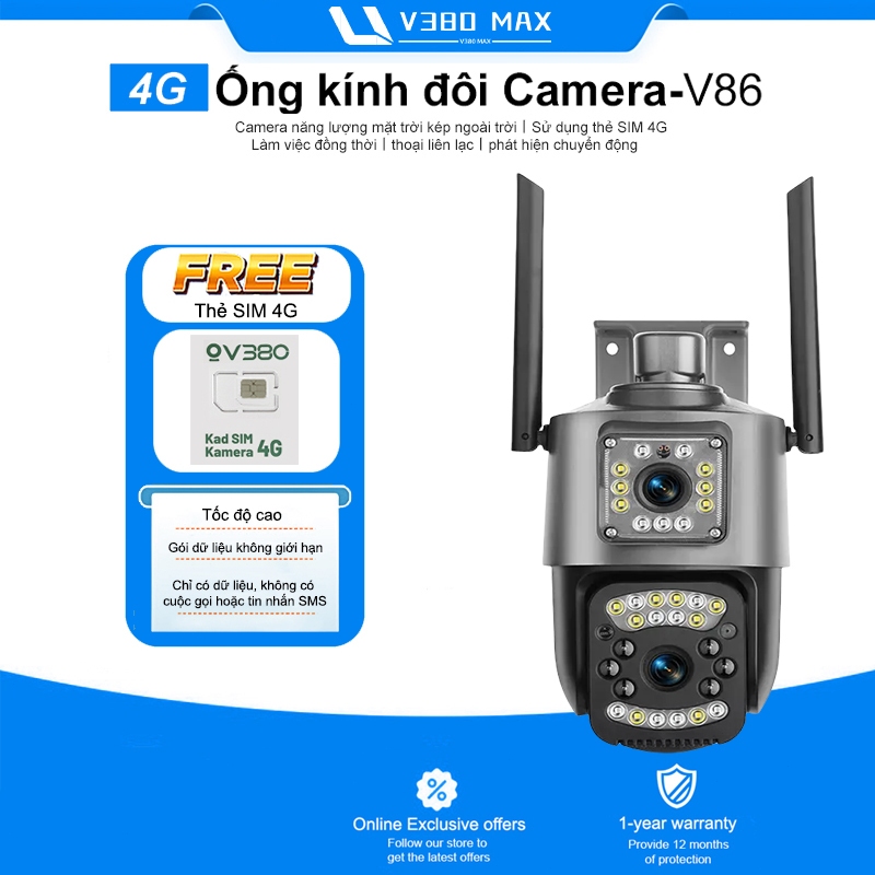 V380 MAX Dual Lens camera V86 quan sát camera giám sát không dây ngoài trời 4G Máy ảnh an ninh Wifi 
