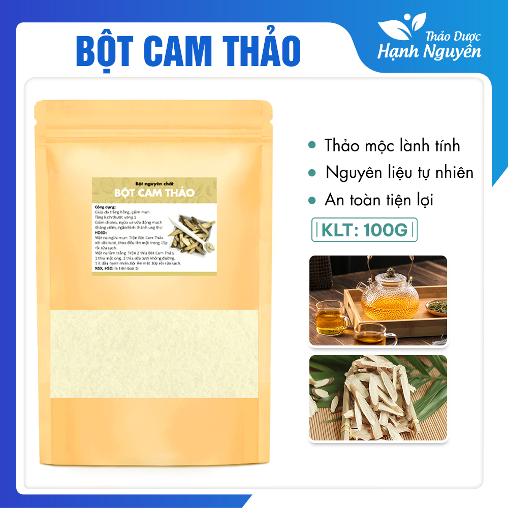 Bột cam thảo 100g, nguyên chất, thơm mịn, dùng đắp mặt nạ, dưỡng trắng da, giảm mụn, mờ thâm nám