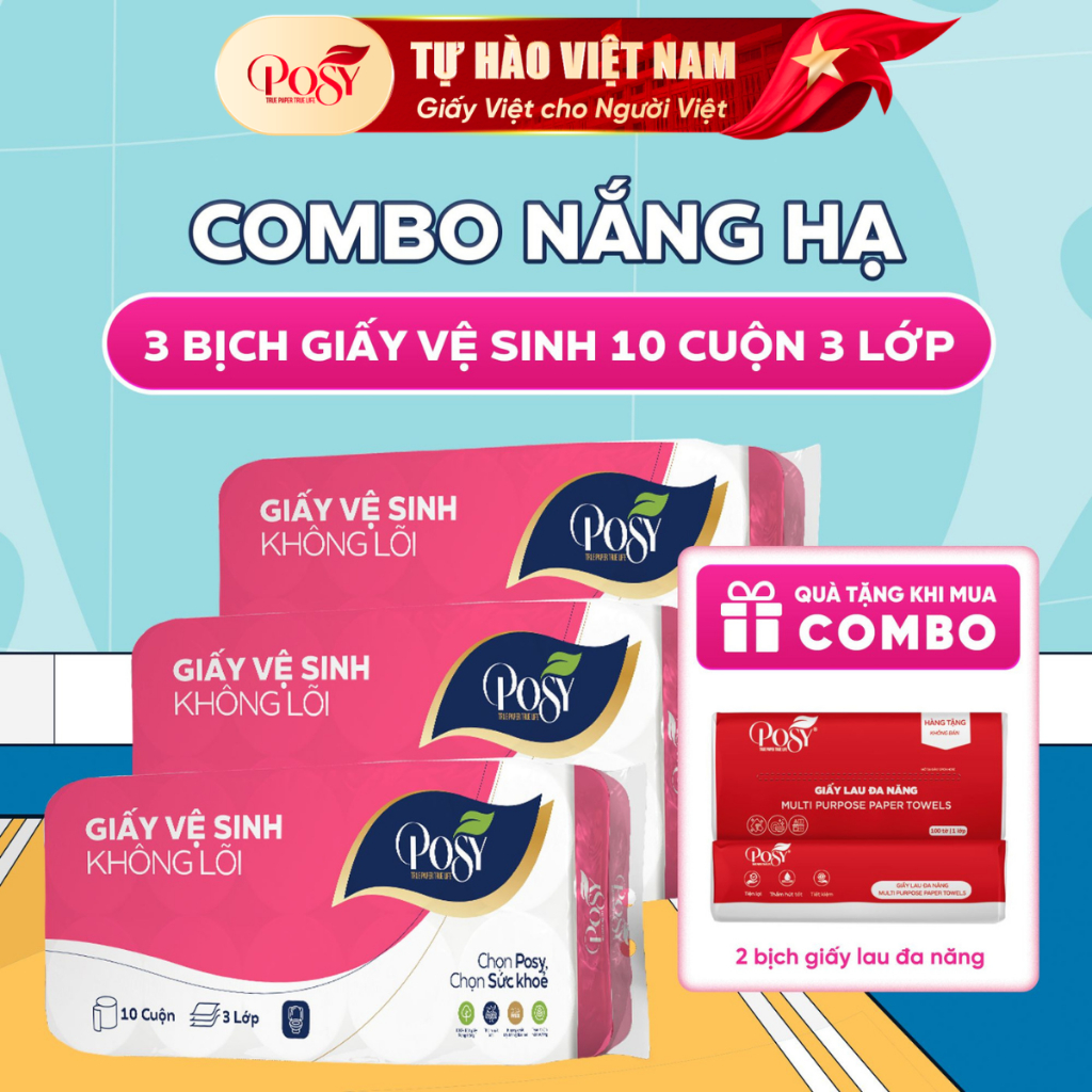 COMBO NẮNG HẠ -  Combo 03 Bịch Giấy vệ sinh Posy 10 cuộn 3 lớp, giấy vệ sinh mềm mịn, tiết kiệm