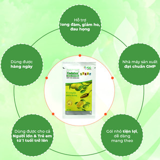 Thực phẩm bảo vệ sức khỏe Codatux Syrup hỗ trợ long đàm, giảm ho, đau họng. Hộp 30 gói