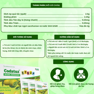 Thực phẩm bảo vệ sức khỏe Codatux Syrup hỗ trợ long đàm, giảm ho, đau họng. Hộp 30 gói