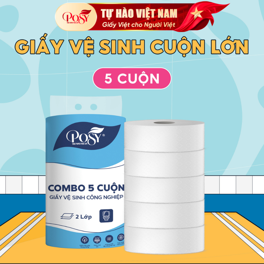 POSY-S4-GVS VĂN PHÒNG -COMBO 5 CUỘN GVS POSY công nghiệp 700gr 2 lớp, mềm mịn, nhẹ diu, giấy vệ sinh