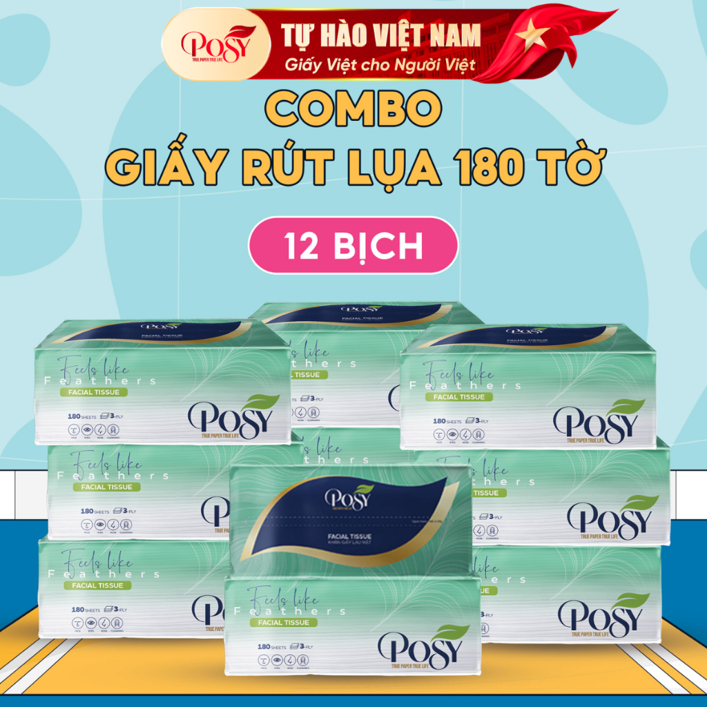 POSY-S4- COMBO HỨNG KHỞI_ THÙNG 12 GÓI GIẤY LỤA POSY 180 TỜ 3 LỚP MỀM MẠI ÊM ÁI LAU TRÊN DA