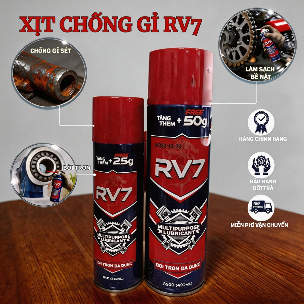 Xịt Chống Gỉ Sét RV7, Xịt Bôi Trơn Đa Năng Các Vật, Các Chất Liệu, Bảo Vệ Kim Loại Chống Gỉ Sét và Ă