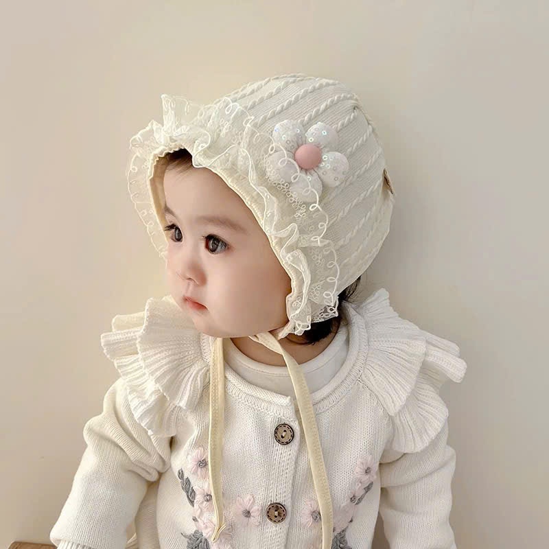 Mũ ren buộc dây phối ren đính kim tuyến và hoa 5 cánh dễ thương bé gái 0-18 tháng MU416