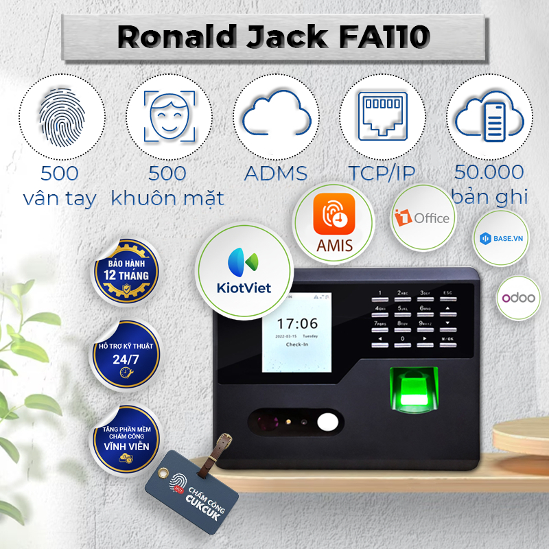 Máy Chấm Công Khuôn Mặt Ronald Jack FA110 - Kết Nối TCP/IP, USB, Xuất File Excel, Bảo Hành 12 Tháng