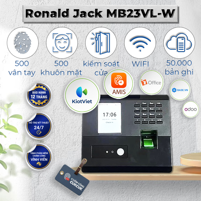 Máy Chấm Công Khuôn Mặt Ronald Jack MB23VL-W / Kết Nối WIFI, TCP/IP, USB, Xuất File Excel, Bảo Hành 