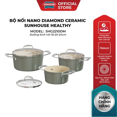 Bộ nồi Nano Diamond Ceramic Sunhouse Healthy SHG2210DM - Chống dính chuẩn Đức - Thân nhôm dày dặn - Đáy từ toàn phần
