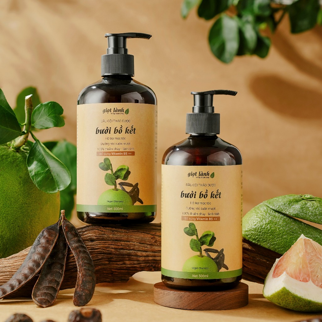 [2 CHAI] Dầu gội Bưởi Bồ kết, dầu gội thảo dược thuần chay Giọt Lành 500ml