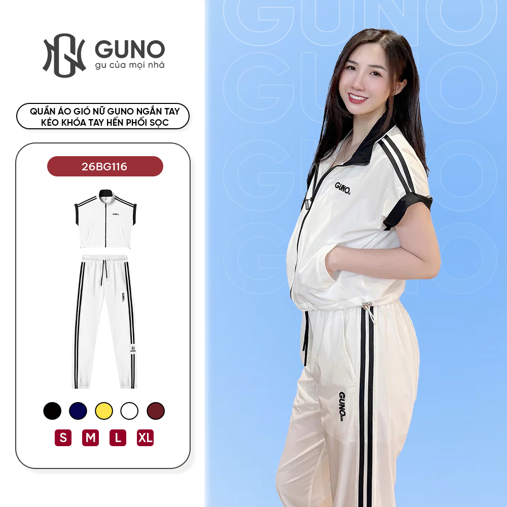 Bộ Quần Áo Gió Nữ GUNO Ngắn Tay Cao Cấp Kéo Khóa Tay Hến Phối Sọc Bộ Gió Thể Thao Cho Nữ SP5 25BG116