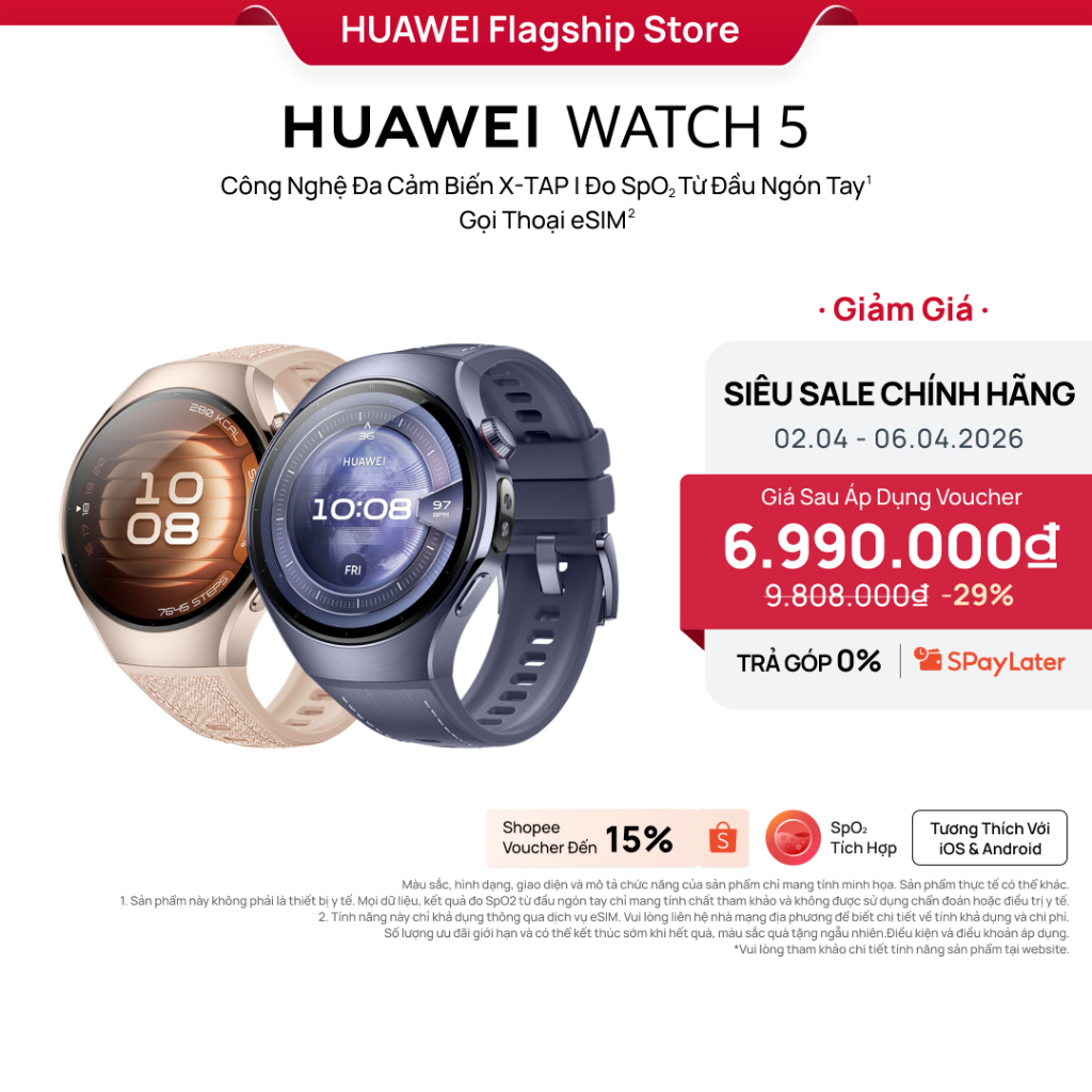 Đồng Hồ Thông Minh HUAWEI WATCH 5 | Công Nghệ Đa Cảm Biến X-TAP | Đo SpO2 Từ Đầu Ngón Tay | Gọi Thoại eSIM | BigBuy360 - bigbuy360.vn