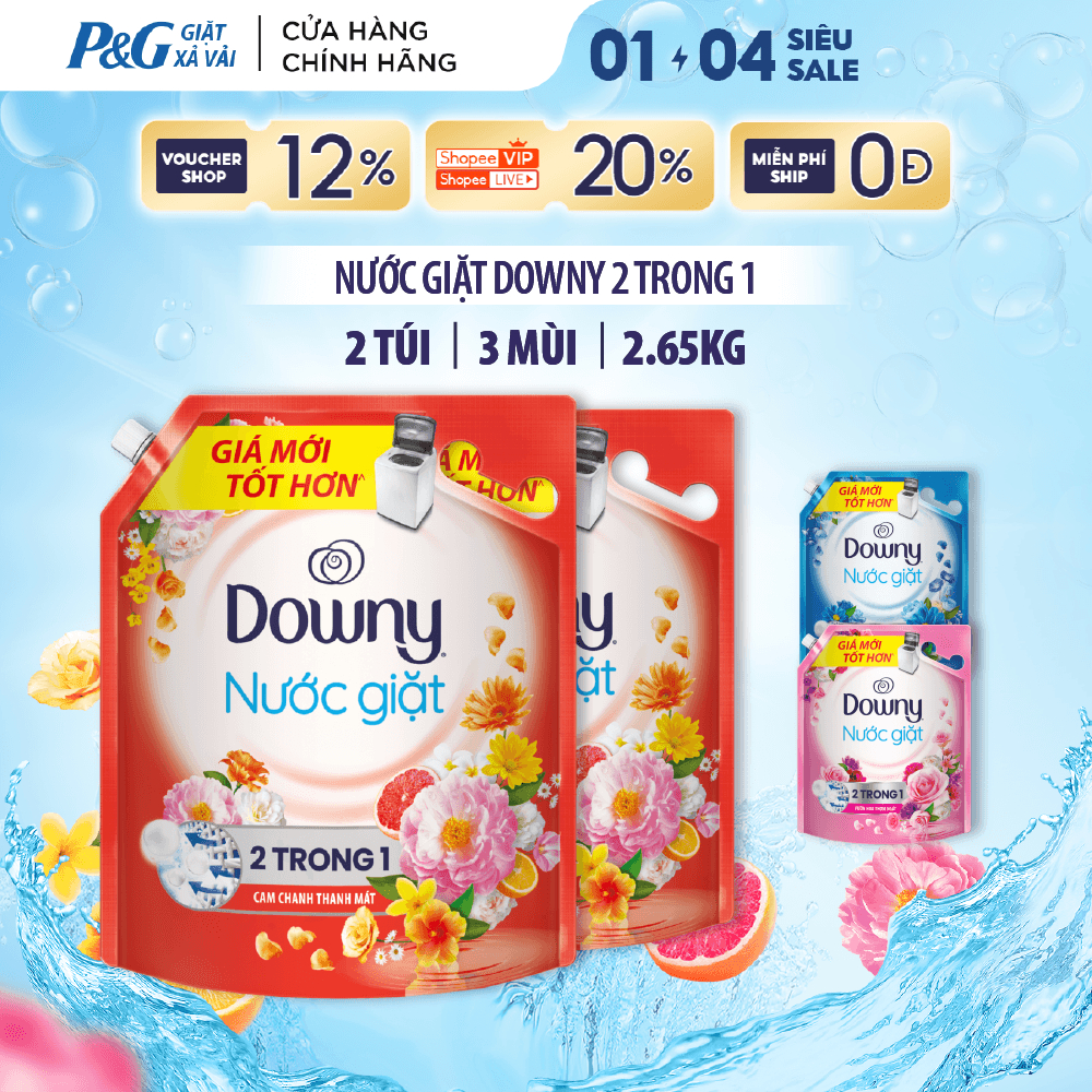 Combo 2 Nước Giặt DOWNY 2 Trong 1 Hương Cam Chanh Thanh Mát/ Biển Xanh Tươi Mát/ Vườn Hoa Thơm Ngát 
