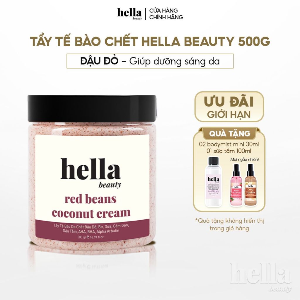 Tẩy tế bào chết body đậu đỏ Hella Beauty 500g giúp làm sạch sâu hỗ trợ dưỡng sáng da