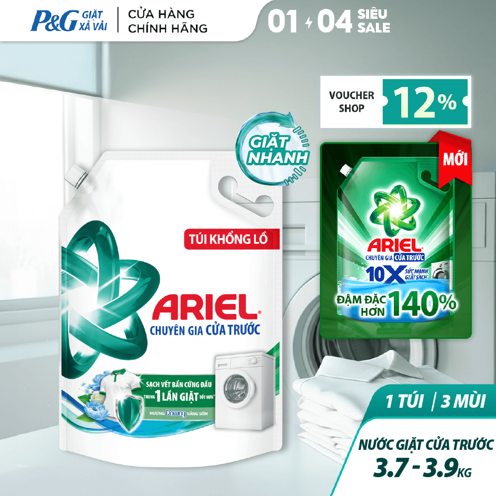 Nước Giặt ARIEL Chuyên Gia Cửa Trước Ngăn Lem Màu Hương Nắng Sớm/ Sen & Nhài/ Oải Hương Túi 3.7KG/3.