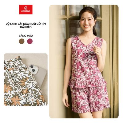 Bộ đồ mặc nhà nữ CARDINA chất liệu lanh sát nách đùi cổ tim gấu bèo 6BLN01