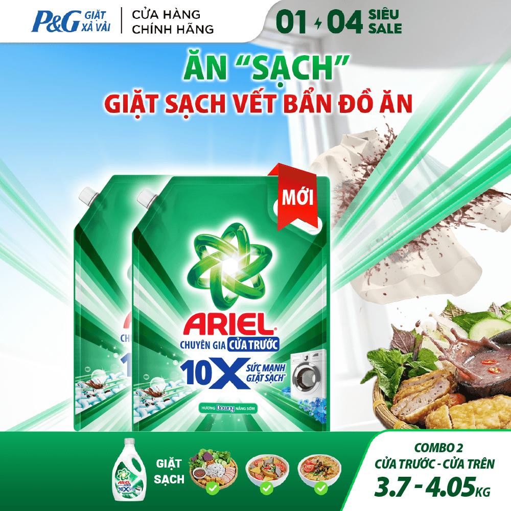 Combo 2 Nước Giặt Gel ARIEL 10X Sức Mạnh Giặt Sạch Chuyên Gia Hương Downy Nắng Sớm Cửa Trước Túi 3.7