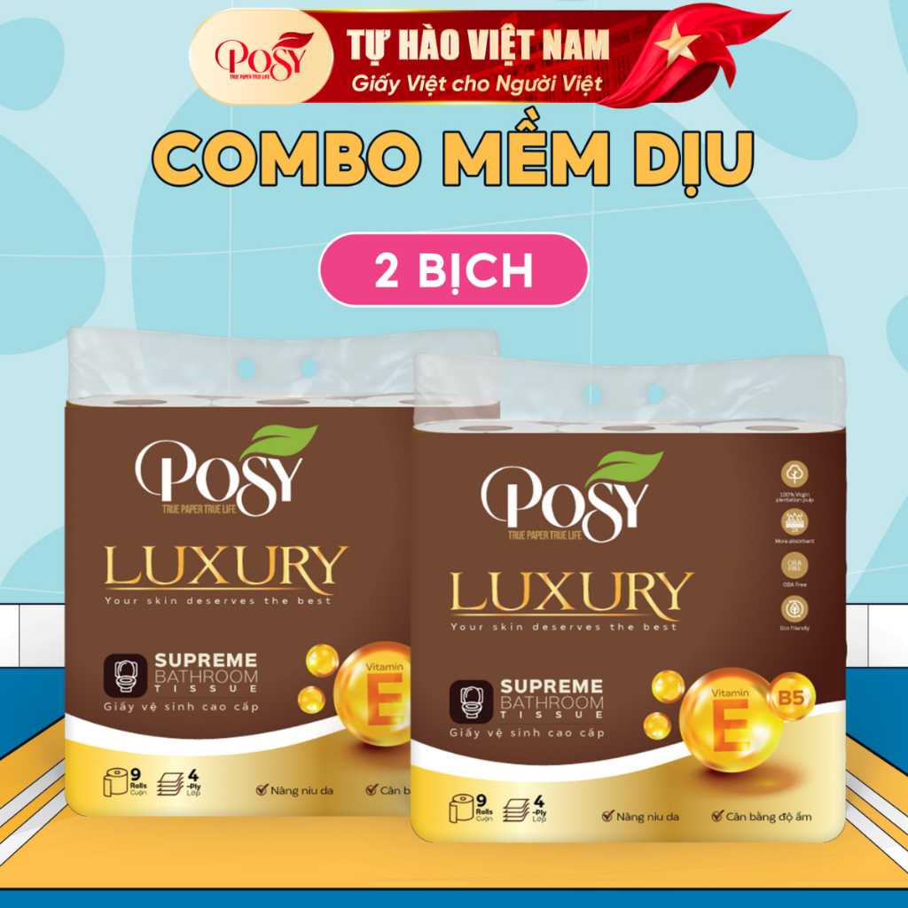 POSY- S4-[COMBO MỀM DỊU] 2 bịch giấy vệ sinh Posy Luxury 9 cuộn 4 lớp CÓ LÕI siêu mềm mịn
