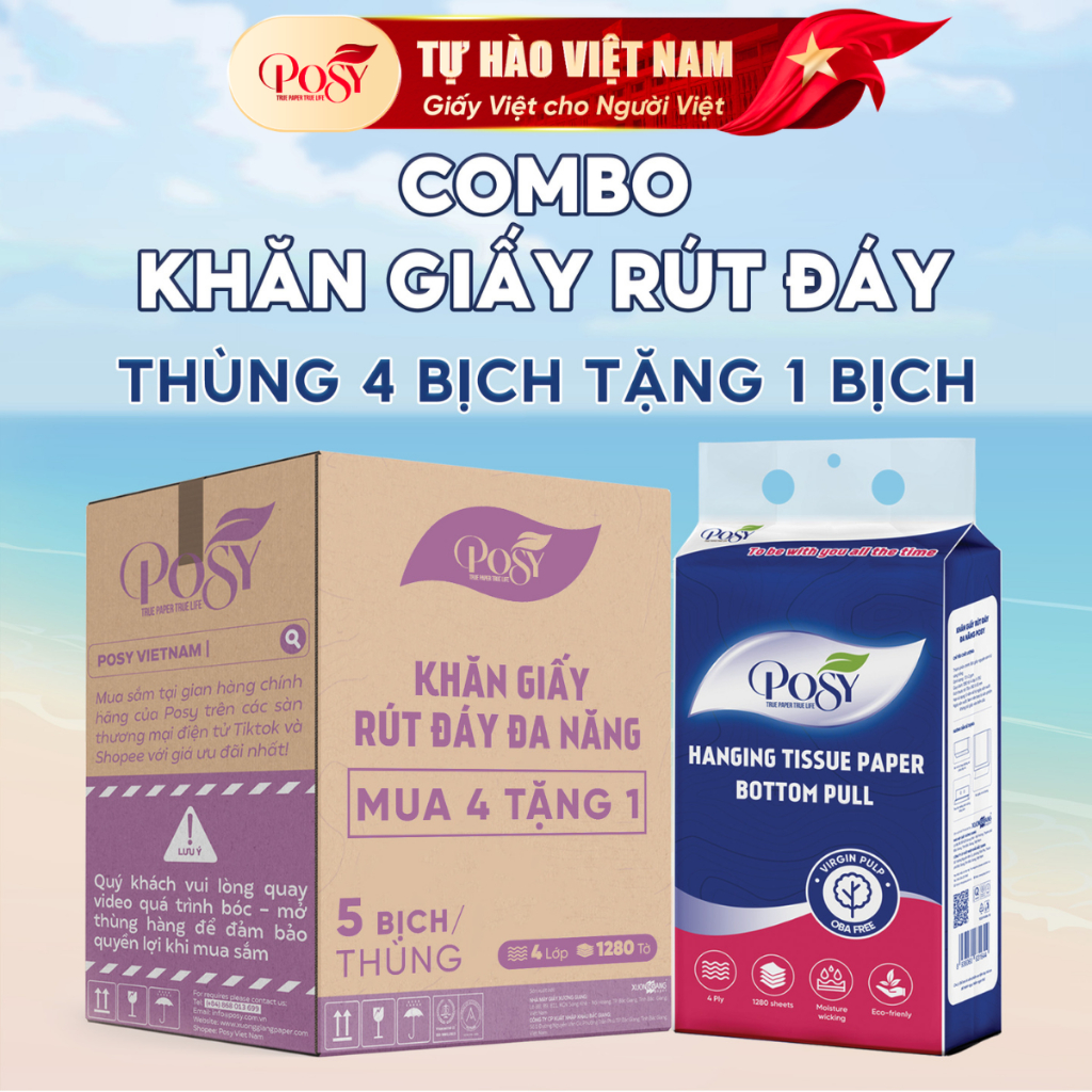 [HZ CHÍNH HÃNG] THÙNG 5 BỊCH GIẤY RÚT ĐÁY ĐA NĂNG POSY 1280 TỜ 4 LỚP
