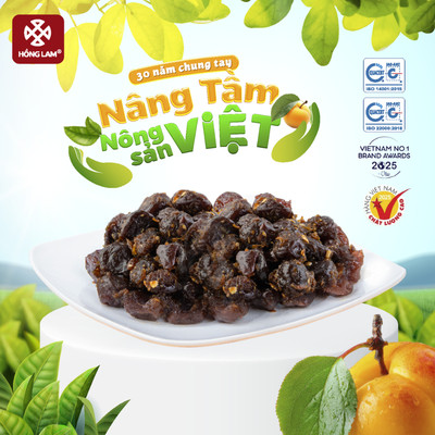 Ô mai (xí muội) mơ xào chua ngọt Hồng Lam, dạng hộp. Hương vị chua, ngọt