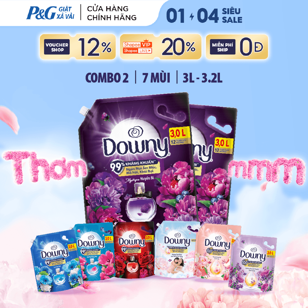 Combo 2 Túi Nước Xả Vải Downy Tinh Dầu Thiên Nhiên/Nước Hoa Cao Cấp Túi 3L