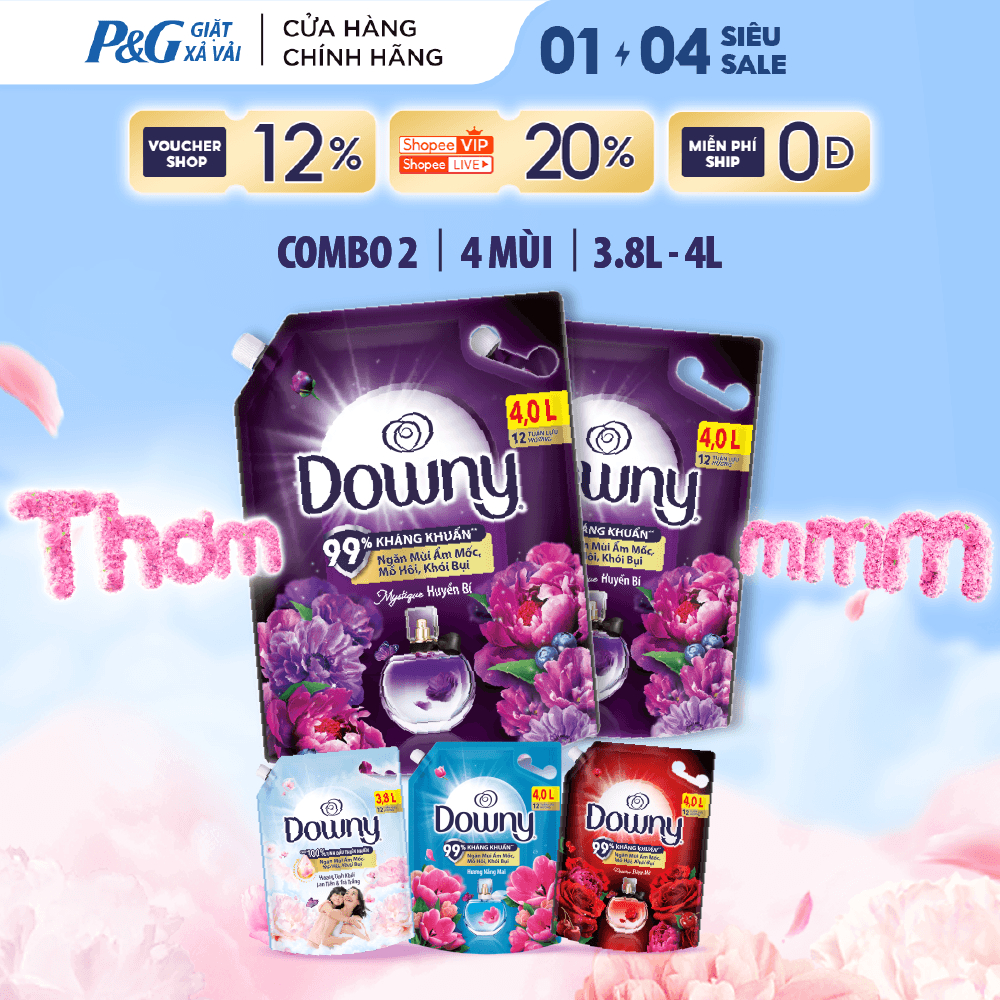 Combo 2 Nước Xả Vải DOWNY Hương Nước Hoa Cao Cấp/ Chống Khuẩn Hương Đam Mê/ Huyền Bí/ Nắng Mai Túi 4