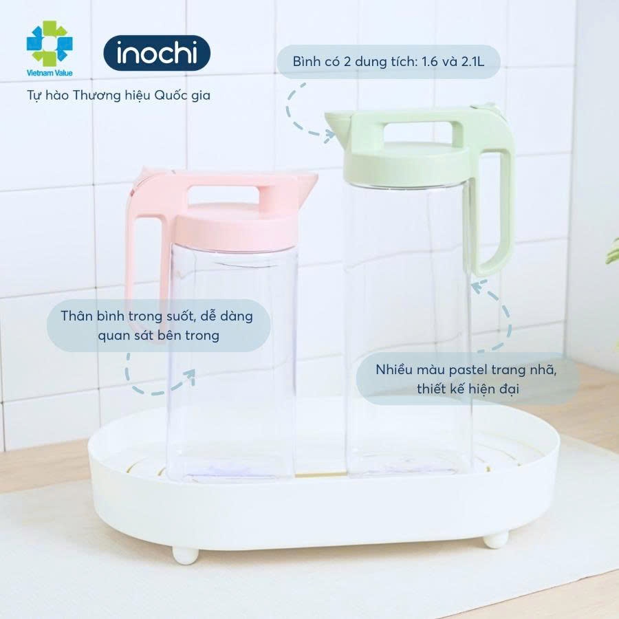 Bình nước nhựa Inochi Biwa Plus dung tích 1.6L/2.1L an toàn thực phẩm chịu nhiệt độ cao Inochi