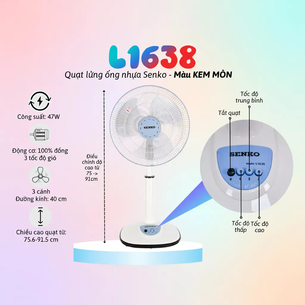 Quạt Lửng Ống Nhựa Senko L1638 - Công suất 47W - Màu tuỳ chọn - Hàng Chính Hãng