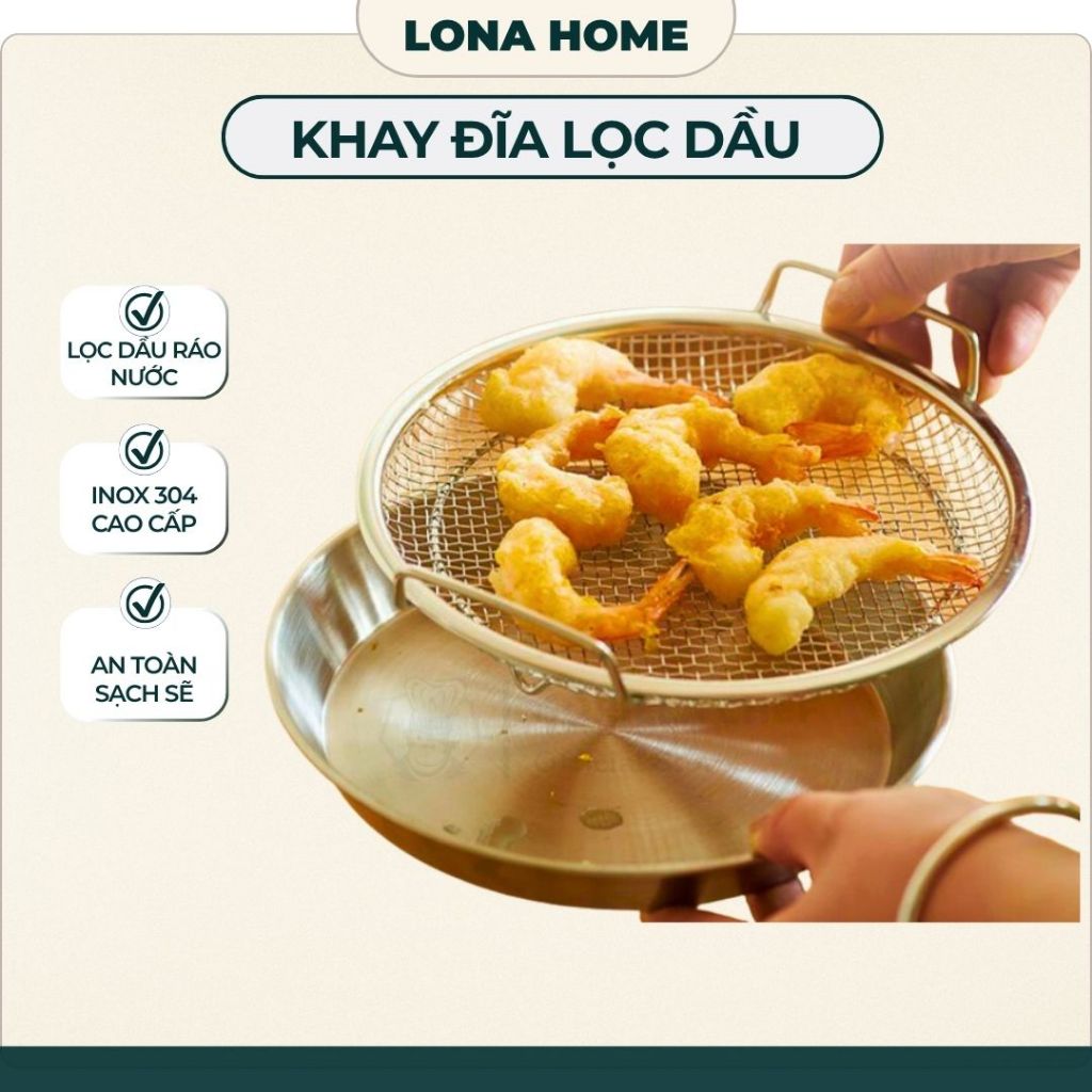 [LONA HOME] Khay đĩa kèm vỉ lưới lọc dầu chất liệu inox 304 cao cấp , size 20-22cm, ráo dầu, dùng cho lò nướng-nồi chiên