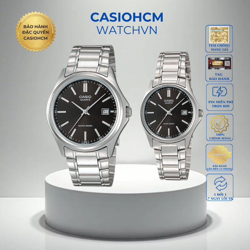Đồng hồ đôi Casio 1183A-1A – Mặt đen sang trọng, dây thép cao cấp | Lịch ngày tiện lợi, làm quà tặng