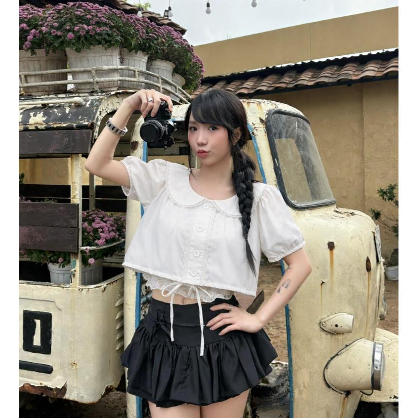[SUMMER - HÈ] Áo Babydoll Croptop tay phồng SAIGONESE PINK phối ren bo thun không lộ - A15SP | BigBuy360 - bigbuy360.vn