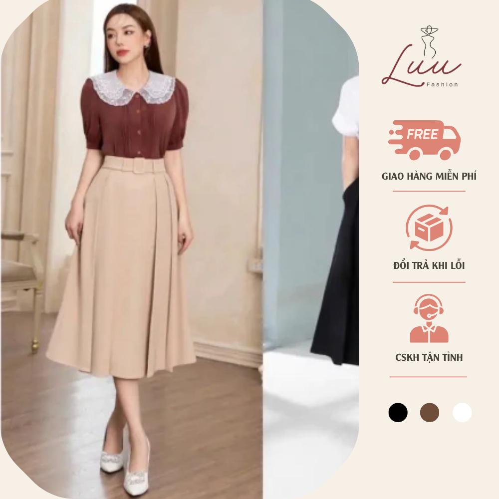 Chân váy xòe xếp ly kèm đai vải chất VINTEX dài 70cm - Luu fashion