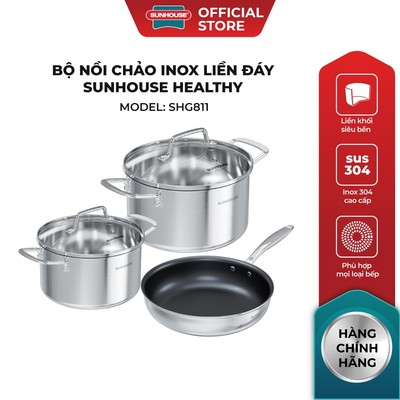 Bộ nồi chảo Inox liền đáy Sunhouse Healthy SHG811 - Gồm 2 nồi 1 chảo - Inox 304 - Dùng mọi loại bếp, máy rửa bát