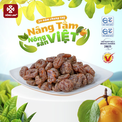 Ô mai (xí muội) mơ Hồng Lam 4. Dạng hộp, dòng ô mai tách hạt. Vị chua, ngọt của cam thảo
